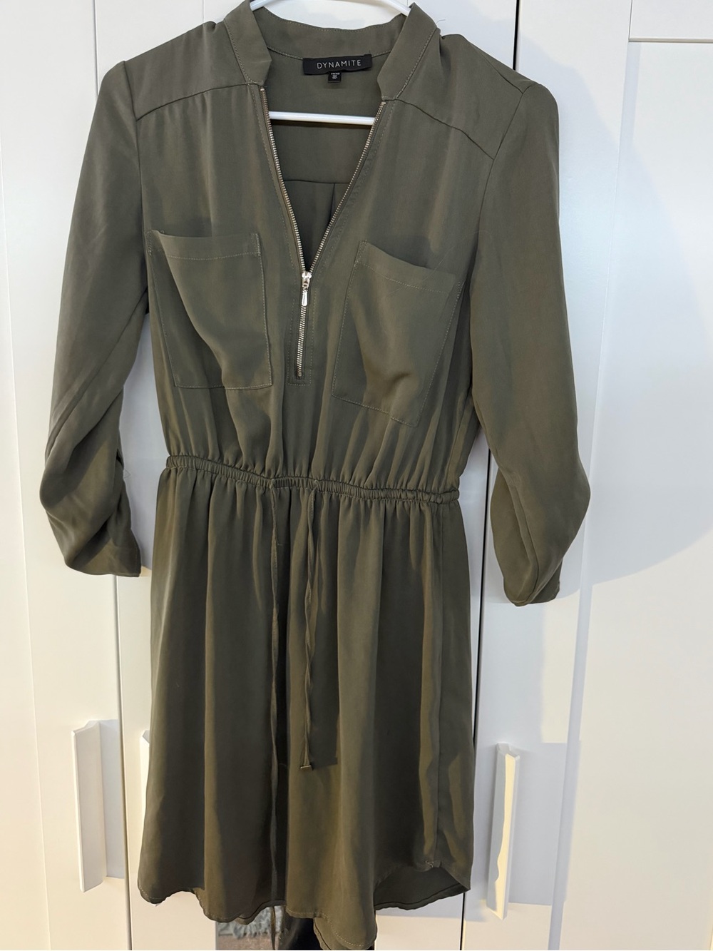 Dynamite Olive Drawstring Utility Dress